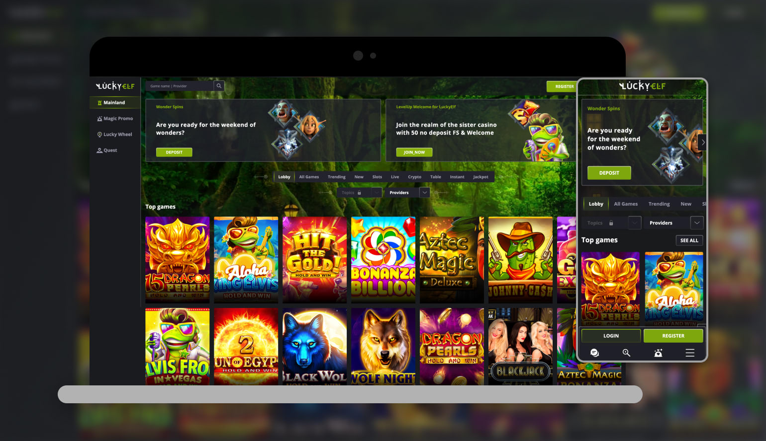 LuckyElf Casino mobile app interface on Android