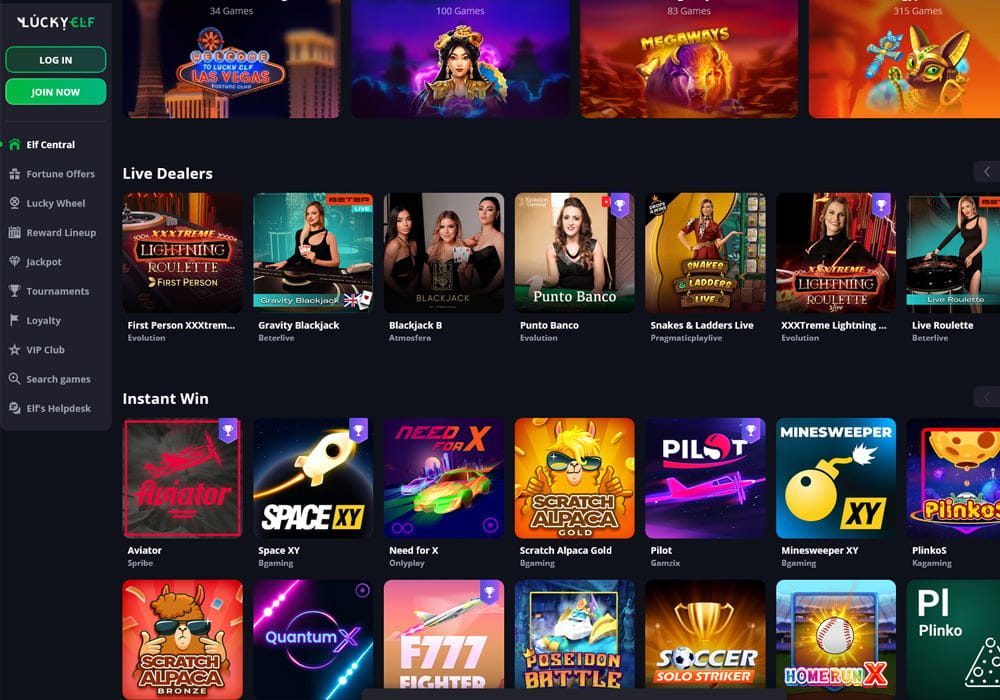 LuckyElf Casino game lobby screenshot showing pokies and live games