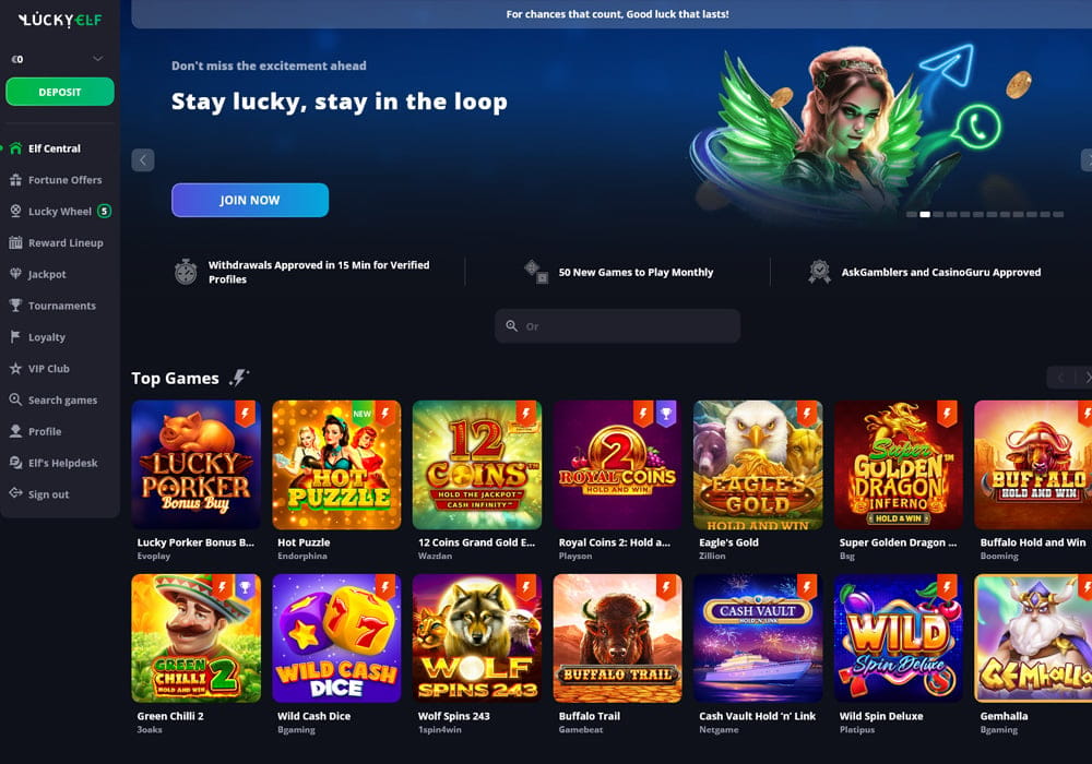 LuckyElf Casino slots section with hundreds of pokies
