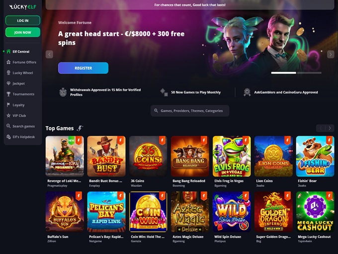 LuckyElf Casino promotions page with AU$8000 welcome bonus